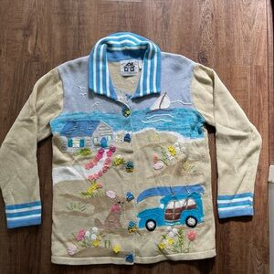 Storybrook Knits Vintage Beach Scene Cardigan- Small